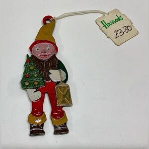 Mid Century Vintage Harrod's London Metal Elf Gnome Xmas Tree Ornament